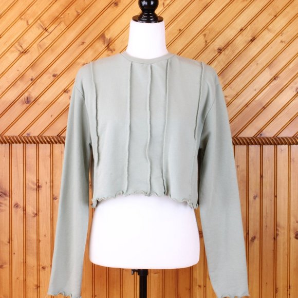 Nasty Gal Collection Cropped Ruffle Sweatshirt Women Top Small Sage Green CA211 - Picture 2 of 7